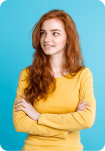 lady with yellow t-shirt & blue background