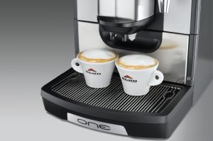 egro brand black colour fully automatic espresso machine with two coffee cup white colour and Egro brand logo