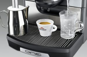 egro brand black colour fully automatic espresso machine with one coffee cup white colour and Egro brand logo