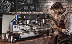 Rancillo brand black colour - Espresso coffee machines with one man and wall in background with text coffee menu and know your coffee text
