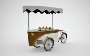 Tekneitalia brand ice cream cart with sparrow logo